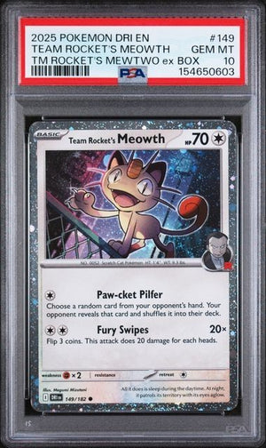 PSA 10 Rocket's Meowth Cosmos Holo 149/182 Mewtwo ex Box Promo SWIRL TCGKITTEN